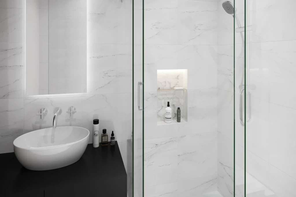 Finished CG Tiled niche install with rb3 shelf-wide angle - shower niche height post