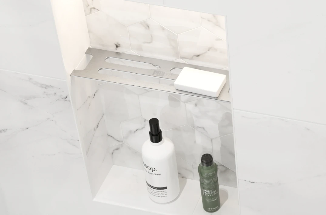 Redblock rb3 niche shelf in tiled niche - shower niche height post